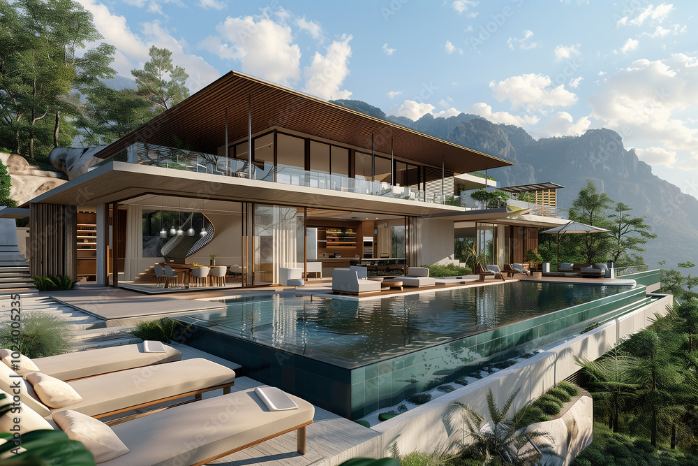 Fototapeta premium luxury modern villa with a wrap-around glass facade, infinity pool, and outdoor lounge area, all set against a backdrop of mountains and natural landscapes.