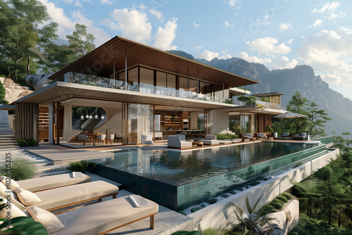 luxury modern villa with a wrap-around glass facade, infinity pool, and outdoor lounge area, all set against a backdrop of mountains and natural landscapes. photo