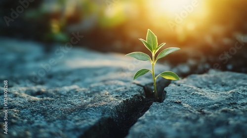 A small green plant growing through a crack in an old concrete wall, showing resilience amidst decay, with sunlight softly illuminating the scene. photo