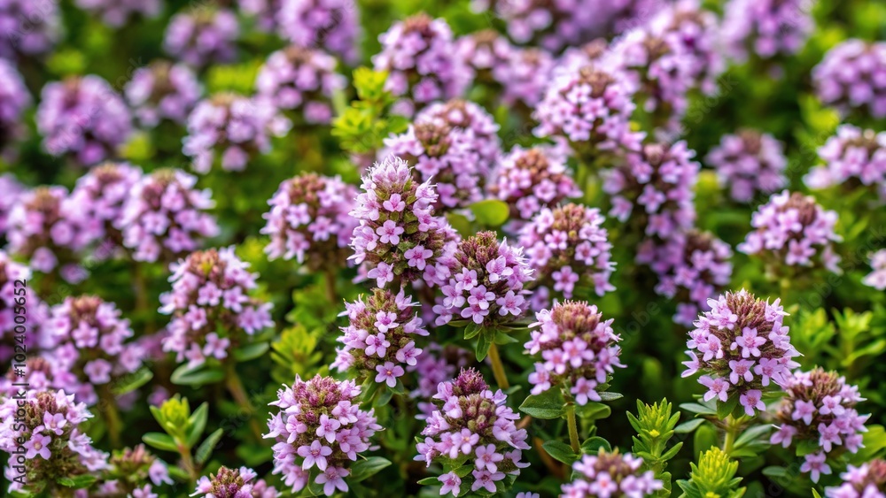 High Angle Thyme Thymus serpyllum blooms in the wild in summer natural background High Angle Thyme Thymus serpyllum blooms in the wild in summer natural background