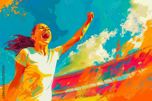 Extremely happy woman athlete on playing field cheering, illustration