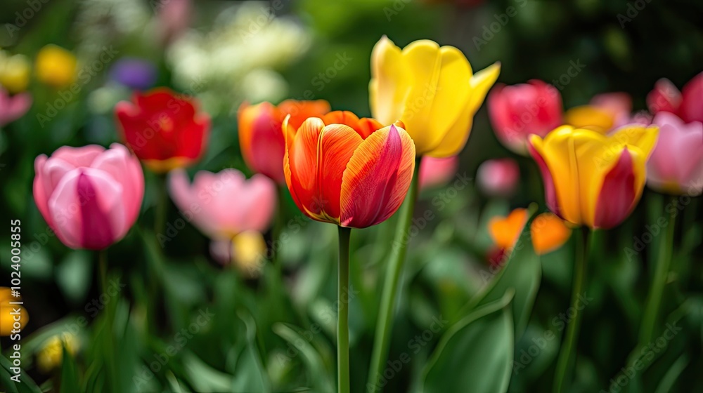 Close-up of vibrant tulips blooming in a coniferous garden, their bright colors contrasting beautifully against the green foliage of spring. Close-up of vibrant tulips blooming in a coniferous garden, their bright colors contrasting beautifully against the green foliage of spring.