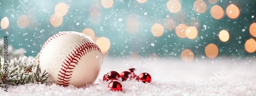A baseball with a Christmas cross design, placed on a snow-covered field with festive decor.