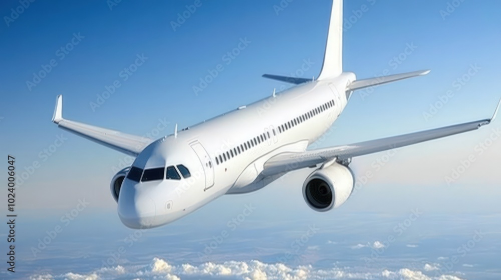 A white passenger airplane flying above the clouds with a bright blue sky in the background. A white passenger airplane flying above the clouds with a bright blue sky in the background.