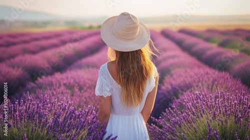 Wallpaper Mural A woman standing in a lavender field, with rows of purple flowers stretching out under a bright summer sky. Torontodigital.ca
