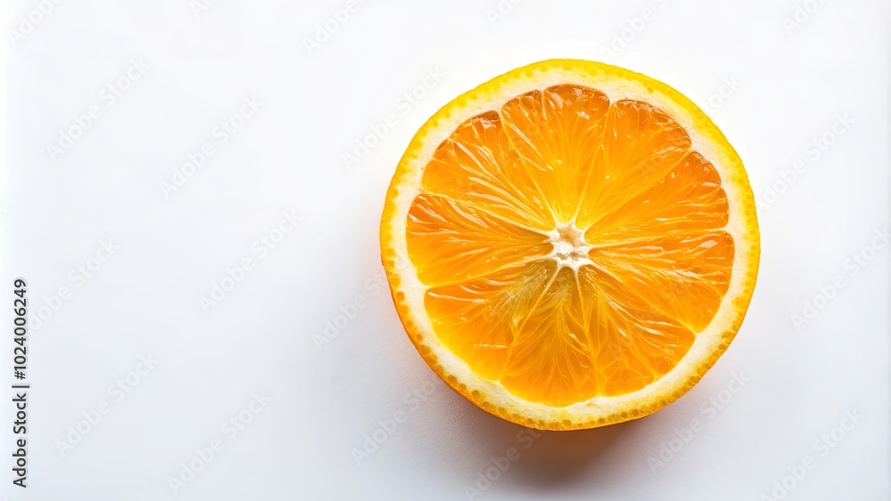 A solitary slice of citrus fruit, revealing its juicy interior, rests against a stark white backdrop, showcasing a vivid contrast between the bright orange flesh and the pristine white space. A solitary slice of citrus fruit, revealing its juicy interior, rests against a stark white backdrop, showcasing a vivid contrast between the bright orange flesh and the pristine white space.