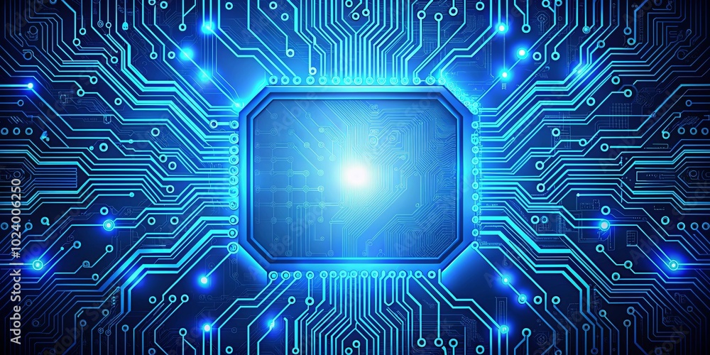 A glowing blue circuit board with a central processing unit surrounded by intricate pathways and luminescent points of connection. A glowing blue circuit board with a central processing unit surrounded by intricate pathways and luminescent points of connection.