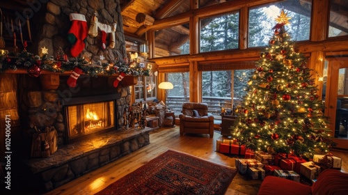 Cozy cabin interior with a glowing Christmas tree, decorated with bright ornaments, symbolizing the warmth and happiness of the holidays.