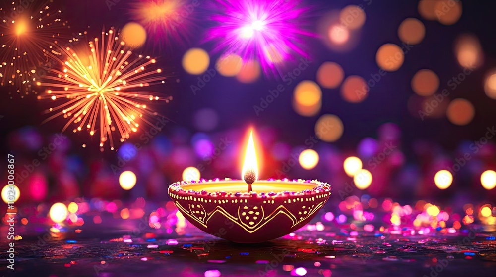 A vibrant diya lamp surrounded by colorful bokeh and fireworks, symbolizing celebration, light, and joy during festivals. A vibrant diya lamp surrounded by colorful bokeh and fireworks, symbolizing celebration, light, and joy during festivals.