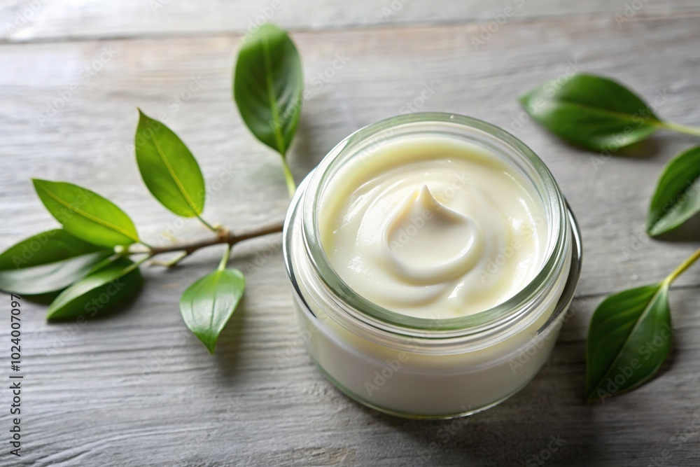 High angle view of a jar of natural cream cosmetics High angle view of a jar of natural cream cosmetics