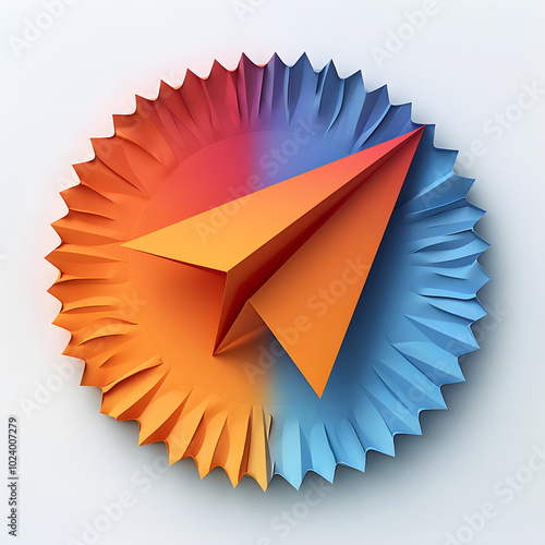 A paper airplane sits in the center of a colorful circle made of plantinspired art paper. The electric blue origami paper contrasts beautifully with the craft creation photo