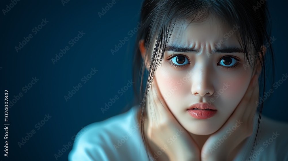Worried young woman with hands on face, feeling concern Worried young woman with hands on face, feeling concern