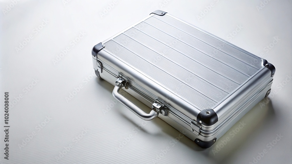 High angle view of a silver suitcase on white surface with grey background High angle view of a silver suitcase on white surface with grey background