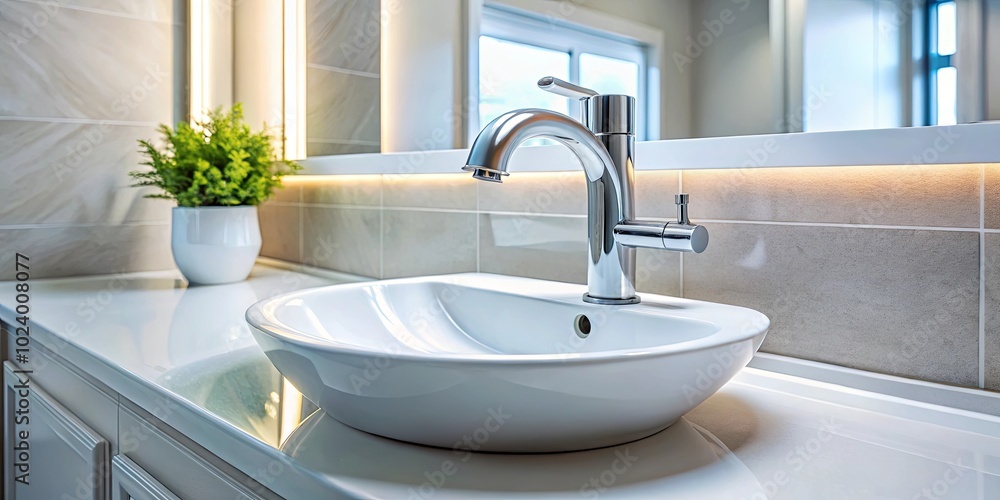 A sleek modern bathroom sink with a chrome faucet, illuminated by a strip of light above the counter, and a potted plant adds a touch of natural life to the space. A sleek modern bathroom sink with a chrome faucet, illuminated by a strip of light above the counter, and a potted plant adds a touch of natural life to the space.