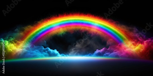 A vibrant rainbow arching over a celestial landscape, adorned with colorful clouds and shimmering dust, illuminated by a celestial glow.