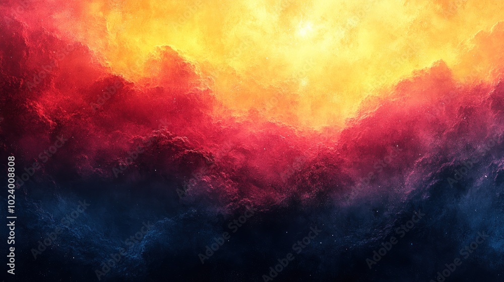 Fototapeta premium Abstract colorful nebula with red, orange, yellow, and blue hues with small white dots, resembling a cosmic cloud or galaxy.