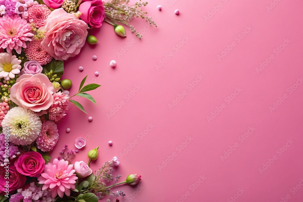 Fototapeta premium High angle view of abstract celebration flowers on pink background
