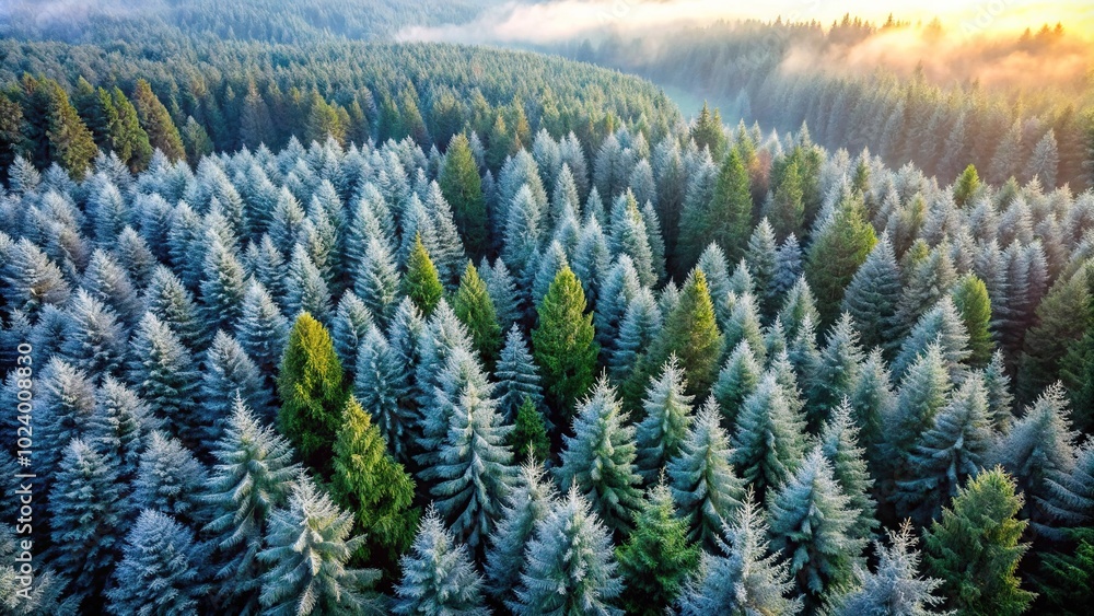 High angle view of Abies sachalinensis forest on a cold winter morning