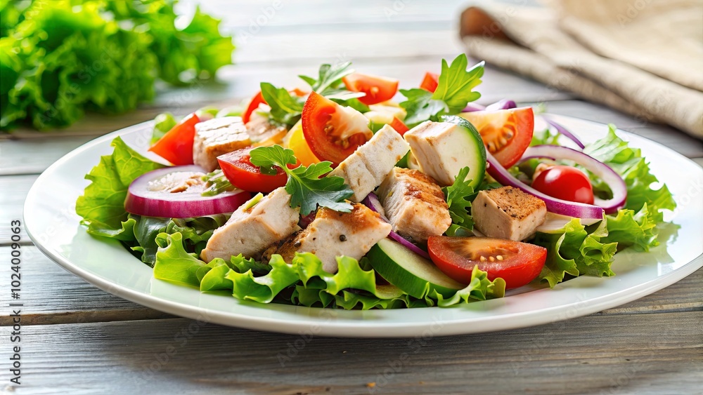 Aromatic Salad with Grilled Chicken, Fresh Cucumbers, Tomatoes, and Red Onions Served on a White Plate Aromatic Salad with Grilled Chicken, Fresh Cucumbers, Tomatoes, and Red Onions Served on a White Plate