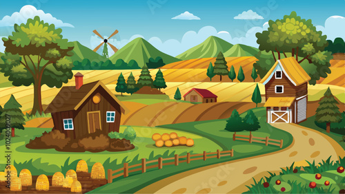 Picturesque Countryside Farm Vector Art Rolling Fields and Rustic Barns in a Scenic Background