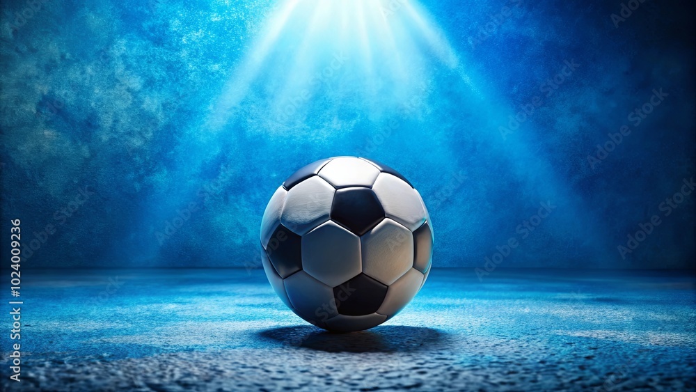 Fototapeta premium A solitary soccer ball resting on a textured surface, illuminated by a single spotlight, casting an ethereal glow against a deep blue backdrop.