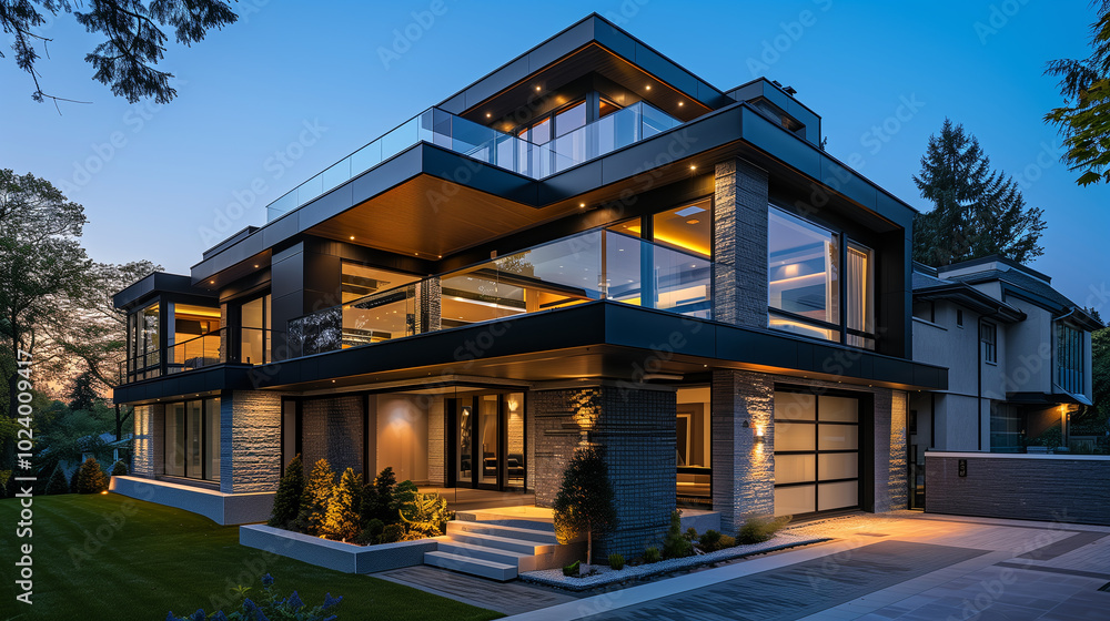 Contemporary two-story home with a floating staircase, cantilevered balcony, and dark stone cladding, enhanced by ambient lighting that highlights the architectural details. Contemporary two-story home with a floating staircase, cantilevered balcony, and dark stone cladding, enhanced by ambient lighting that highlights the architectural details.
