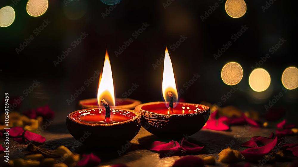 Two beautifully lit candles create a warm and inviting atmosphere, surrounded by vibrant flower petals and soft bokeh lights. Two beautifully lit candles create a warm and inviting atmosphere, surrounded by vibrant flower petals and soft bokeh lights.