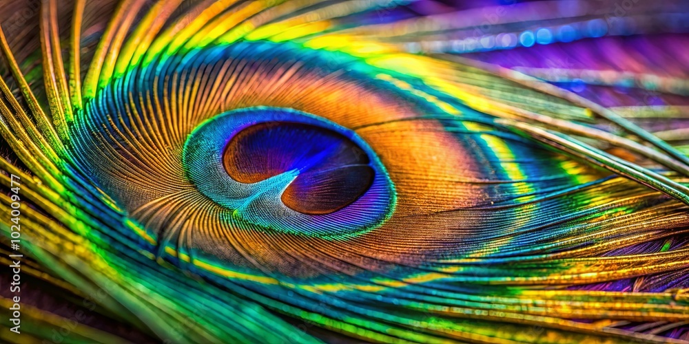 Obraz premium The mesmerizing beauty of a peacock feather, with its intricate patterns of shimmering turquoise, gold, and purple, reveals a hidden world of nature's artistry.