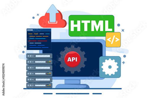 Application Programming Interface Concept, API provides an interface for communication between applications, software development tools, the Internet and networks, flat vector illustration.