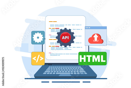 Application Programming Interface Concept, API provides an interface for communication between applications, software development tools, the Internet and networks, flat vector illustration.