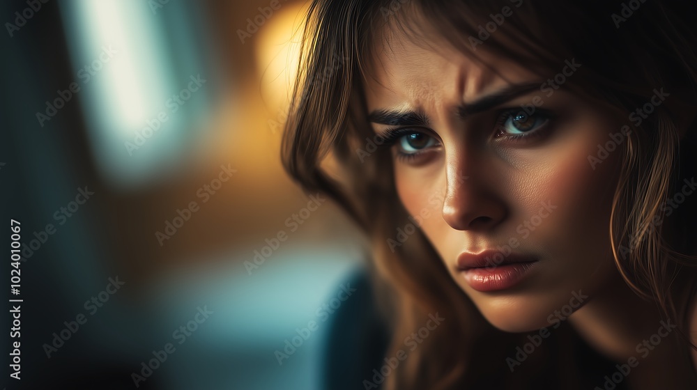 Serious woman with intense expression under soft lighting Serious woman with intense expression under soft lighting