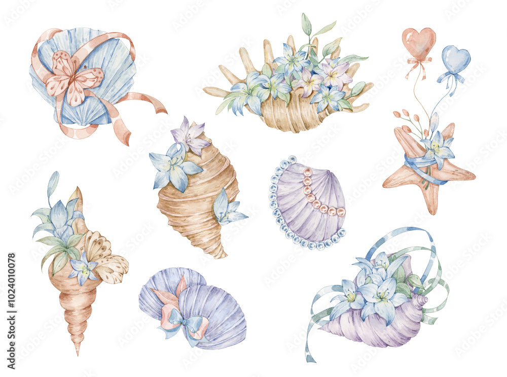 Obraz premium Watercolor shell and flower combination