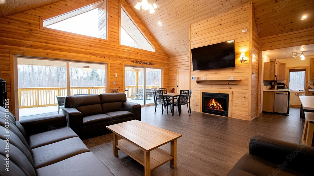 Fototapeta premium Modern cabin interior with wooden walls and cozy fireplace, bright natural light.