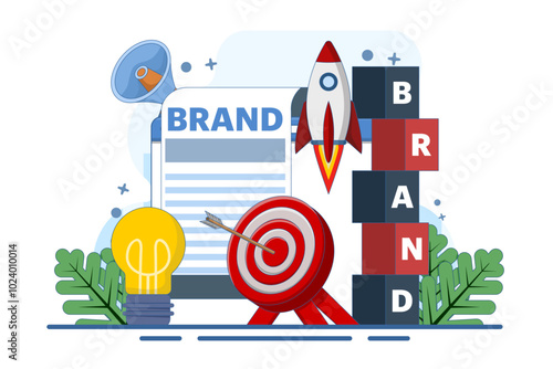 brand building concept, building the word BRAND using blocks. brand awareness, strategies to promote products and sales, marketing and advertising to improve the company's reputation.