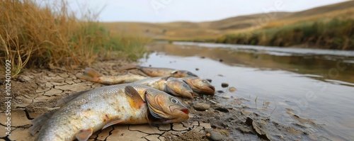 Dried fish lying on cracked earth near a river, highlighting environmental impact and the effects of drought on aquatic life. photo