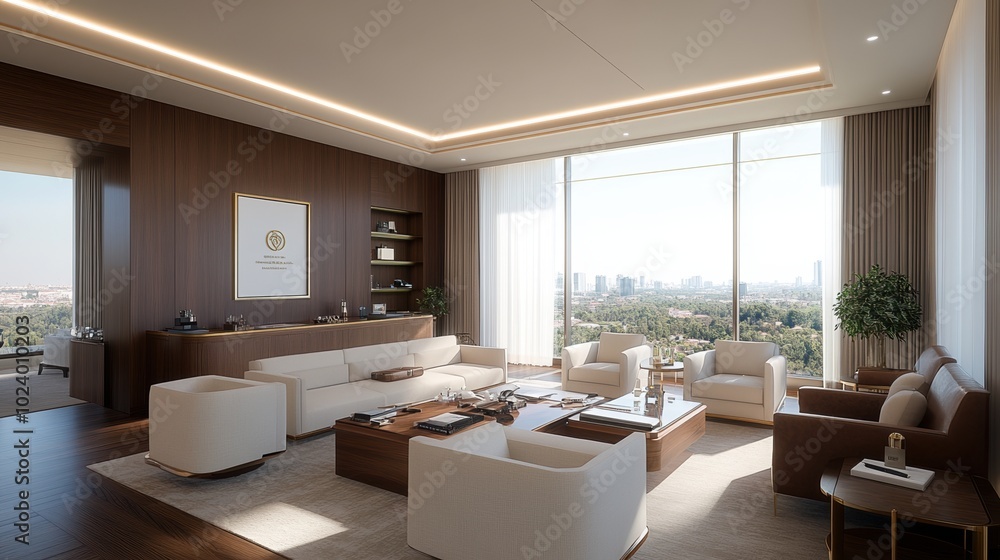 Fototapeta premium Modern living room with a spacious layout and large windows, showcasing city views.