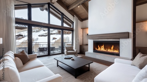 Modern living room with large windows and fireplace, cozy atmosphere.