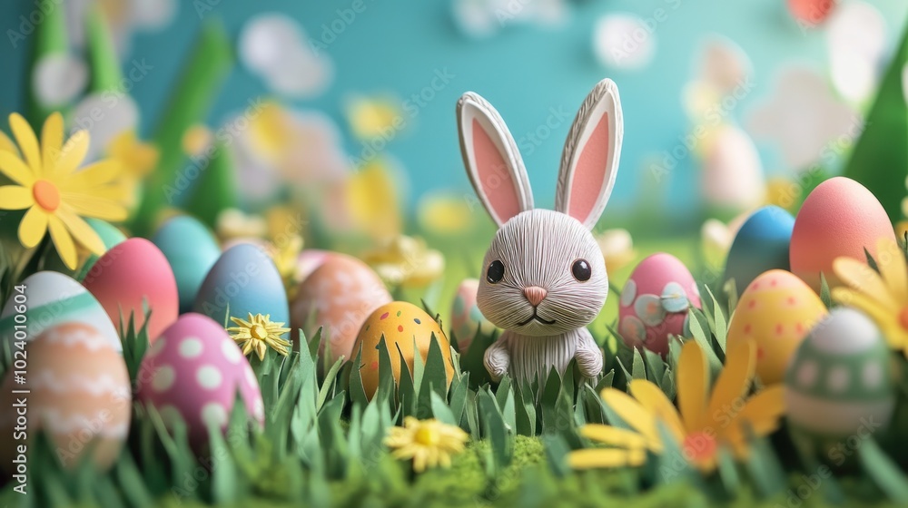 Fototapeta premium A Papercraft Easter Bunny Surrounded by Decorated Eggs and Flowers
