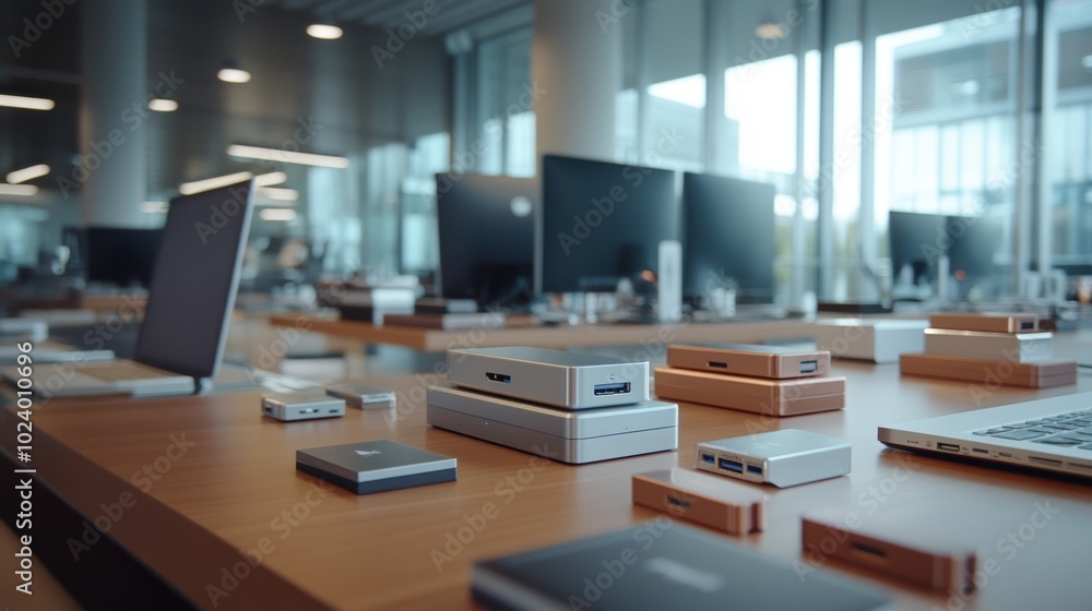 Modern workspace with computers and devices on a wooden table, bright office environment. Modern workspace with computers and devices on a wooden table, bright office environment.