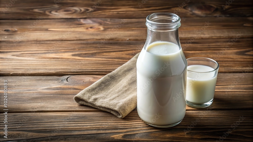 High Angle view of bottle and glass of milk on wooden table High Angle view of bottle and glass of milk on wooden table