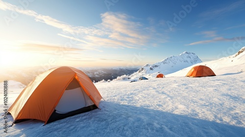 Orange tents set amidst snow-covered mountains under a clear blue sky.