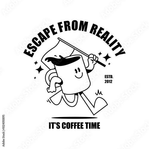 Funny cartoon character of a cup coffee. Can be used as Sticker, posters, prints. Retro cartoon style. Vector illustration