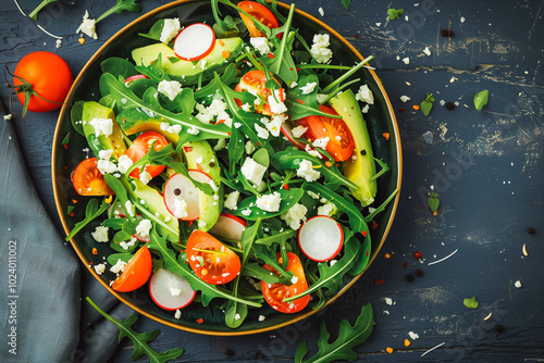 Healthy arugula salad with avocado, radish, bell pepper, tomato and Roquefort cheese