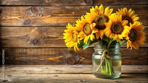 Wallpaper Mural High angle view of bright sunflowers in rustic mason jar on wooden plank background Torontodigital.ca