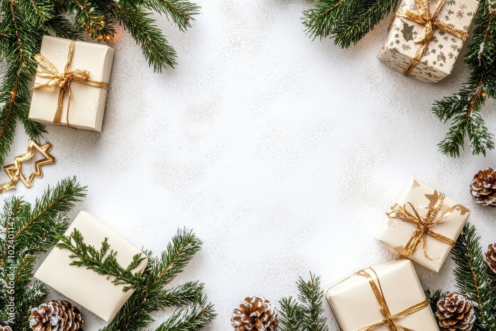 Christmas frame background with decoration, gift boxes and pine branches on white table top view Christmas frame background with decoration, gift boxes and pine branches on white table top view