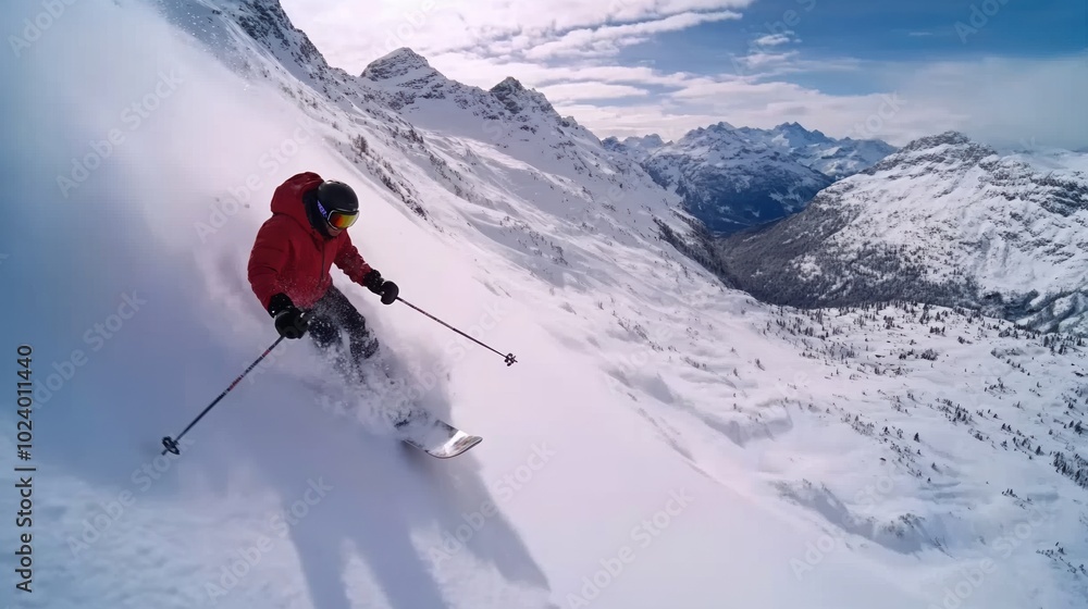 Skier in red jacket navigating down snowy slope with mountains in background. Skier in red jacket navigating down snowy slope with mountains in background.