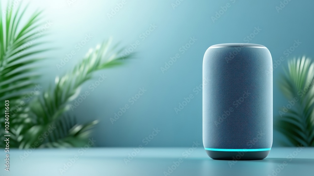Smart speaker on a bright surface with green plants in the background. Smart speaker on a bright surface with green plants in the background.