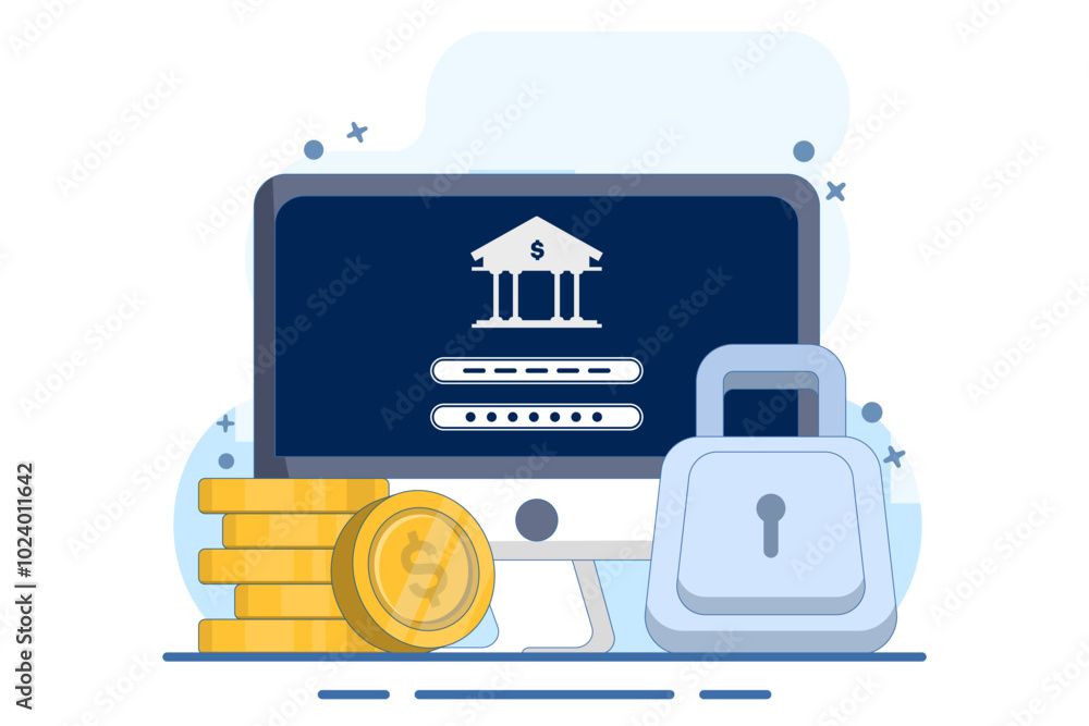 Safe and secure financial app concept, Smart phone with gold coin and key, secure payment, money protection and financial security. digital marketing. flat vector illustration. Safe and secure financial app concept, Smart phone with gold coin and key, secure payment, money protection and financial security. digital marketing. flat vector illustration.