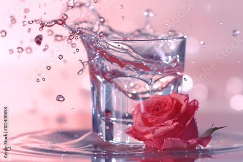 Cocktail with rose petals and splashes on light background