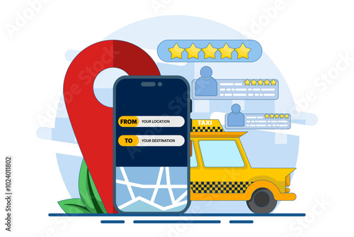 Concept Find online taxi drivers, Online taxi, Taxi service app, Rent and share car, Long distance car sharing, Navigation pin. Taxi service app on smartphone screen. Flat vector illustration.